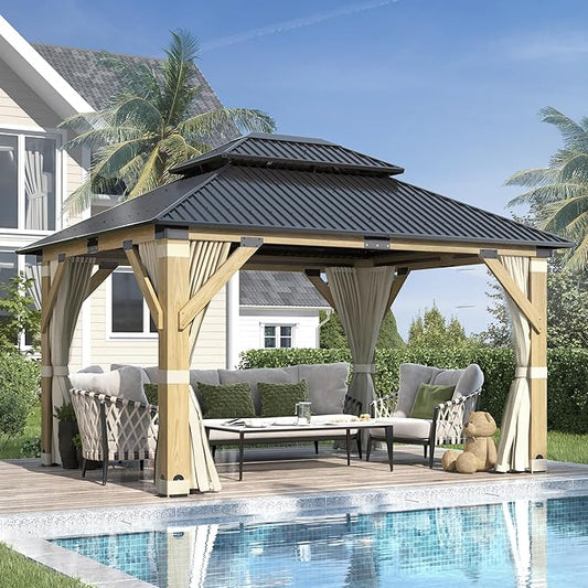 GARTOO 11’x13’ Outdoor Wooden Gazebo, Patio Galvanized Steel Wood Gazebo with Privacy Curtains and Netting, Vented Double Roof Hardtop Pavilion for Garden, Porch, Lawn, Poolside, Backyard, Deck