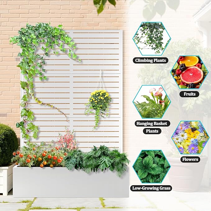 Metal Planter Box with Trellis, Planter Box with Privacy Screen, Privacy Trellis Outdoor for Climbing Plants with Drainage Holes, Raised Garden Bed for Vegetables