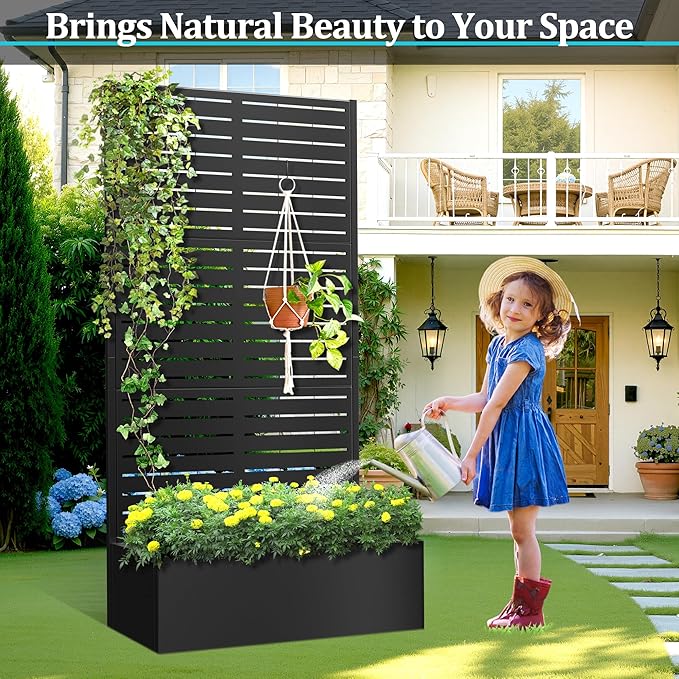 Metal Planter Box with Trellis, Planter Box with Privacy Screen, Privacy Trellis Outdoor for Climbing Plants with Drainage Holes, Raised Garden Bed for Vegetables