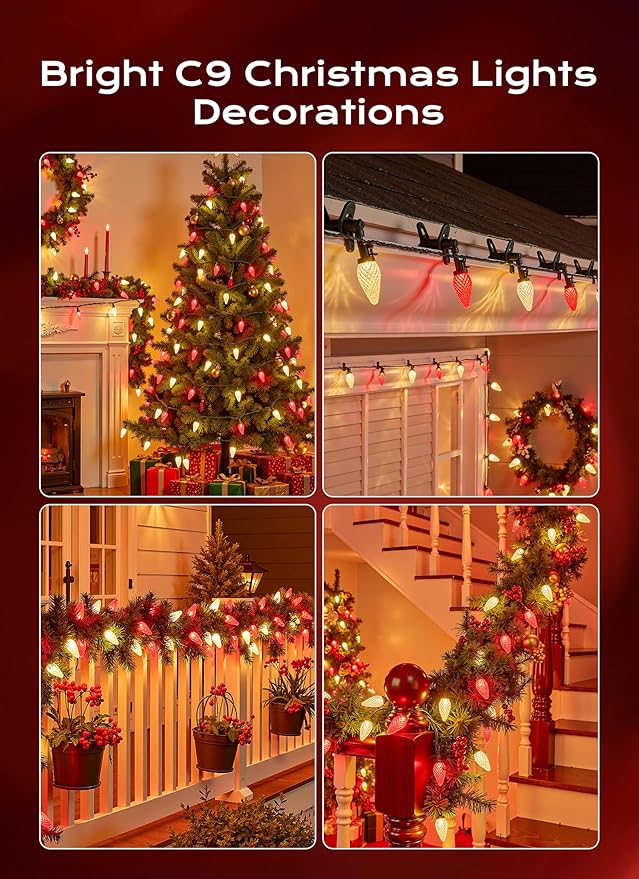 C9 Christmas Lights Outdoor, 66 FT 100 LED Connectable C9 String Lights with 8 Modes and Timer Xmas Tree Patio Roofline Garden Yard Holiday Party Indoor Outdoor Decoration, Red and Warm White