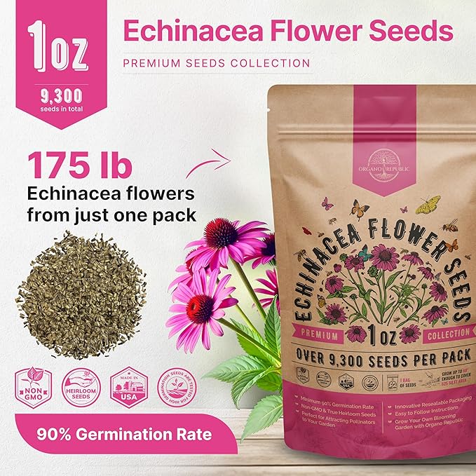 Organo Republic Echinacea Seeds Pack 1 oz - Over 9,300 Non-GMO Heirloom Echinacea Seeds for Planting, Perennial Flowers in Individual Packet, Coneflower for Planting Indoor & Outdoor Garden