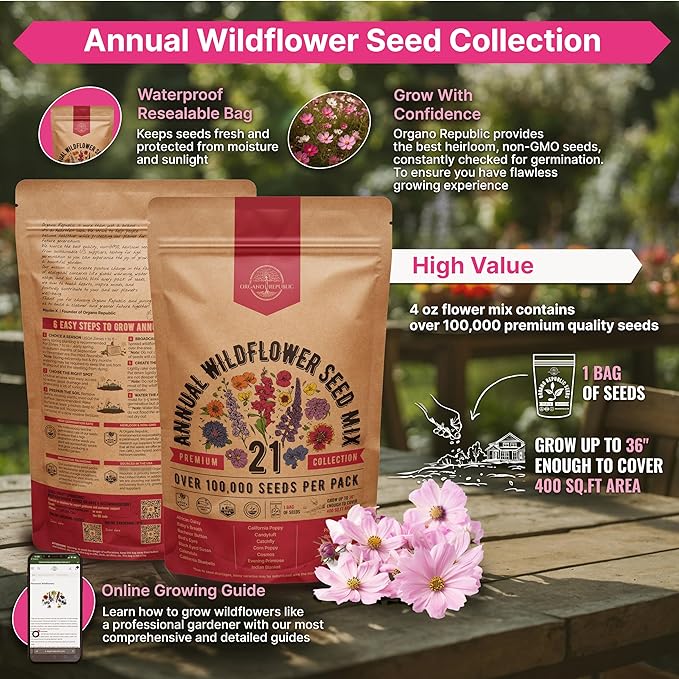 Organo Republic 21 Annual Wildflower Seeds Mix for Indoor & Outdoors. 100,000+ Non-GMO, Heirloom Wildflower Garden Seeds, 4oz Packet for Growing Wild Flowers to Attract Bees, Butterflies & Birds