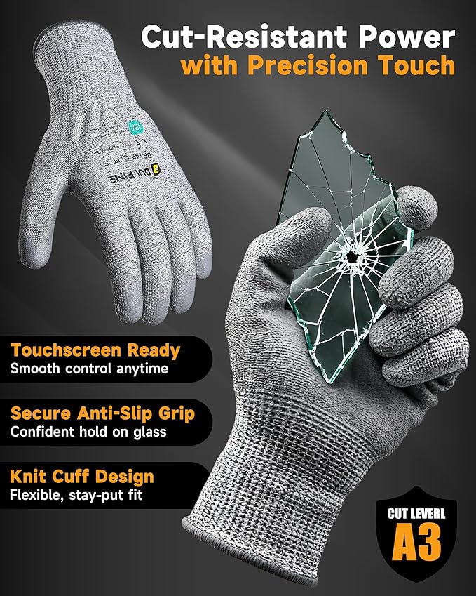 DULFINE ANSI A3 Cut Resistant Work Gloves for Men and Women, PU Coated,Ideal for Woodworking, Glass Cutting, Construction, Cargo Handling, Car Repair(Large)