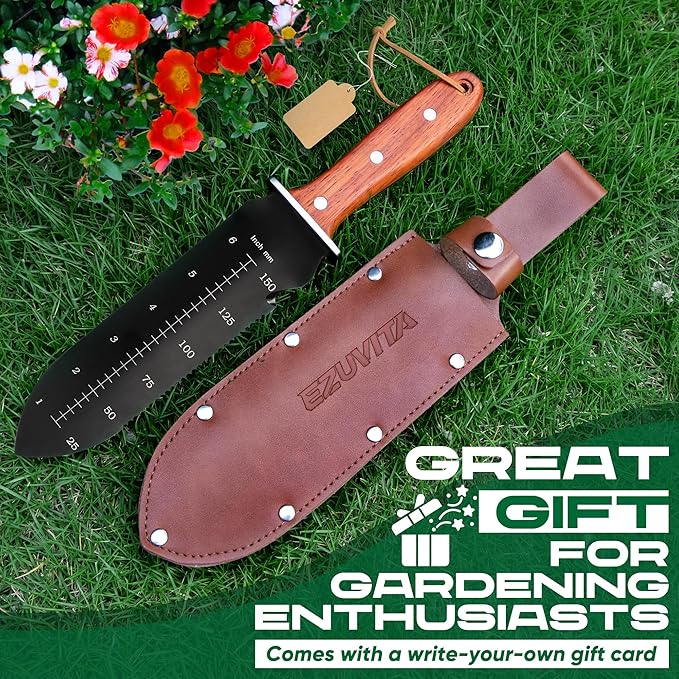 Hori Hori Garden Knife, Gardening Tools with Leather Sheath for Weeding, Gardening, Digging, 7” Stainless Steel Blade with Double Cutting Edge, Full Tang Wood Handle with Hanging Hole