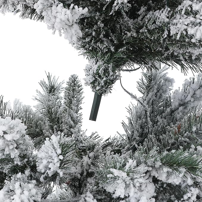 LuxenHome 7ft Flocked Christmas Tree with Lights, Full Artificial Christmas Tree with 350 Warm White LED Lights, and Snow Flocked Branches, Prelit Pine Tree for Indoor, Outdoor Holiday Décor