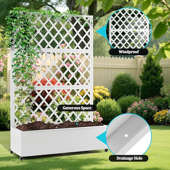 Metal Planter Box with Trellis, Planter Box with Privacy Screen, Privacy Trellis Outdoor for Climbing Plants with Drainage Holes, Raised Garden Bed with Wheels