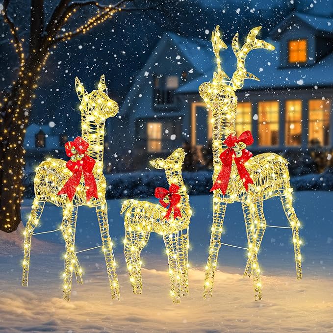 3-Piece Large Christmas Deer Outdoor Decorations, 4.5ft Lighted Reindeer Family Set Christmas Yard Decor, Light Up Reindeer Christmas Decor with 350 LEDs, Stakes, Zip Ties, Unique Gold Rattan