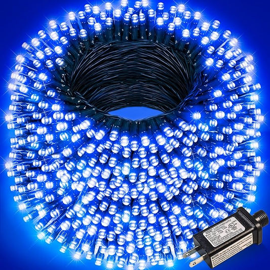 328FT 1000 LED Christmas Lights, Plug in Blue Christmas Tree Lights Outdoor with Timer and 8 Modes, Green Wire Waterproof String Lights for Indoor Yard Patio Xmas Holiday Decorations