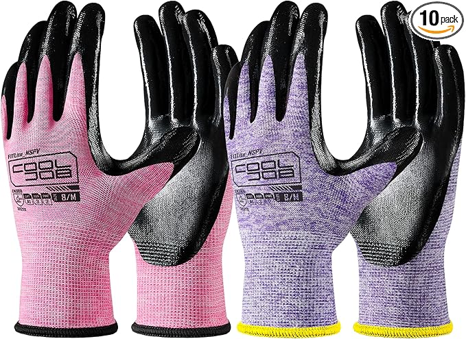 COOLJOB 10 Pairs Nitrile Dipped Rubber Coated Safety Work Gloves with Grip, Non-slip Bulk Gardening Roofing Gloves for Ladies Women, Oil-resistant Gear for Package Handler, Warehouse Worker, Small