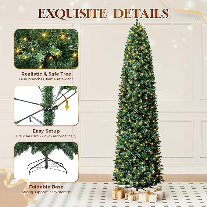 HOLLO STAR 9 ft Prelit Christmas Tree with 546 LED Lights, App Control, Artificial Pencil Christmas Tree with Multi-Color RGBW Lights, 1290 Branch Tips, Skinny Xmas Tree, Metal Base, for Home, Party