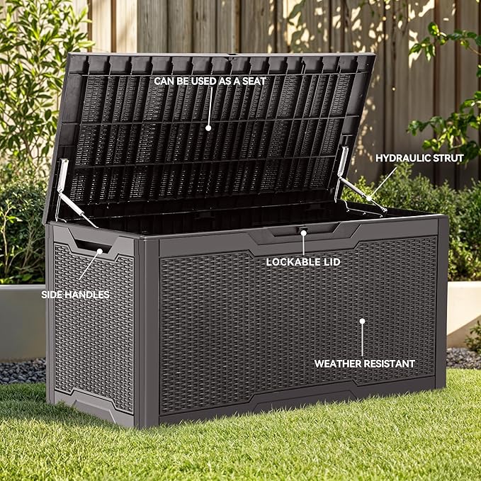 YITAHOME 100 Gallon Outdoor Storage Box, Large Water Resistant Resin Deck Box, Indoor Outdoor Lockable Storage Container for Patio, Garden, Cushions, Tools, Equipment (Dark Brown)
