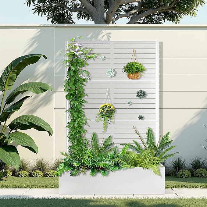 Metal Raised Garden Bed with Trellis, 2 in 1 Trellis with Planter Box & Privacy Screen for Climbing Plants, Vine, Outdoor Standing Flower Beds with Drainage Holes, 47" L x 16" W x 71" H, White