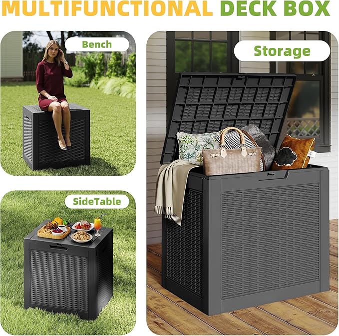 30 Gallon Waterproof Resin Deck Box, UV Resistant Outdoor Storage for Garden, Patio, Porch, Delivery, Rattan Black