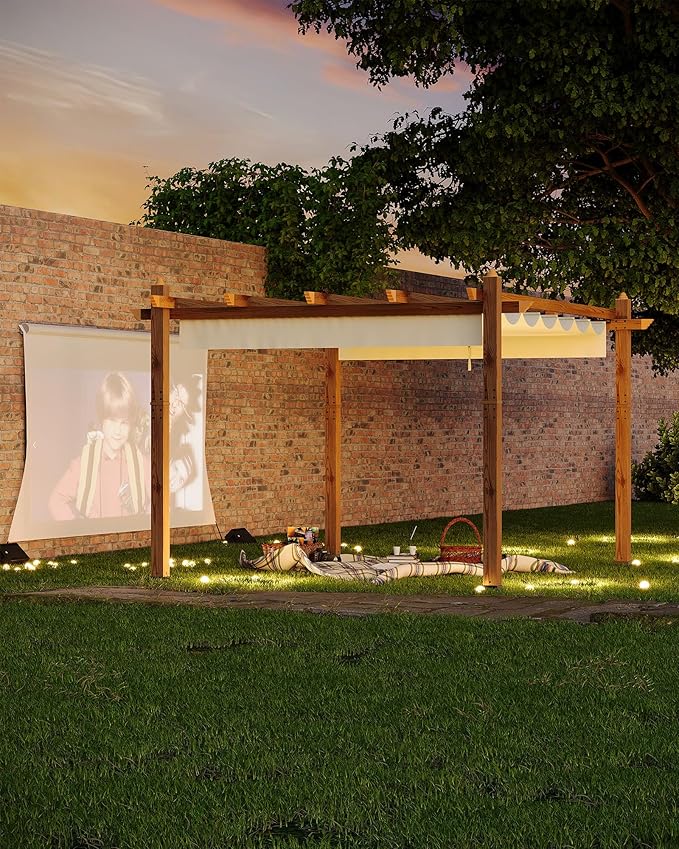 Garvee 10x13 Ft Outdoor Pergola Faux Wood Grain Aluminum Gazebo with Retractable Canopy for Patio Modern Backyard Deck Porch Grape Trellis(Beige)