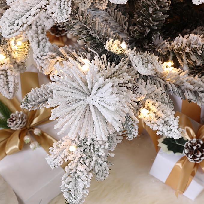 LuxenHome 7.5FT Flocked Artificial Christmas Tree, Slender Prelit Christmas Trees with 400 Warm White LED Lights, 1508 PE+PVC Tips, Xmas Tree Holiday Decor