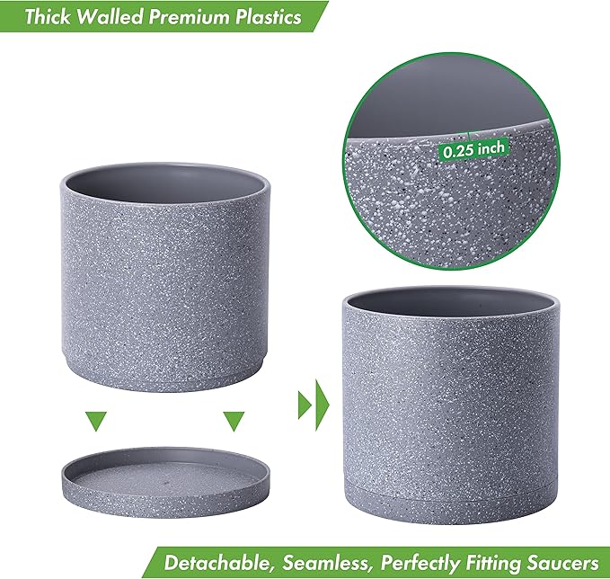 D'vine Dev 8 Inch Plastic Planter Pots for Plant Pot with Drainage Hole and Seamless Saucers, Speckled Gray Color, 74-X-G-1