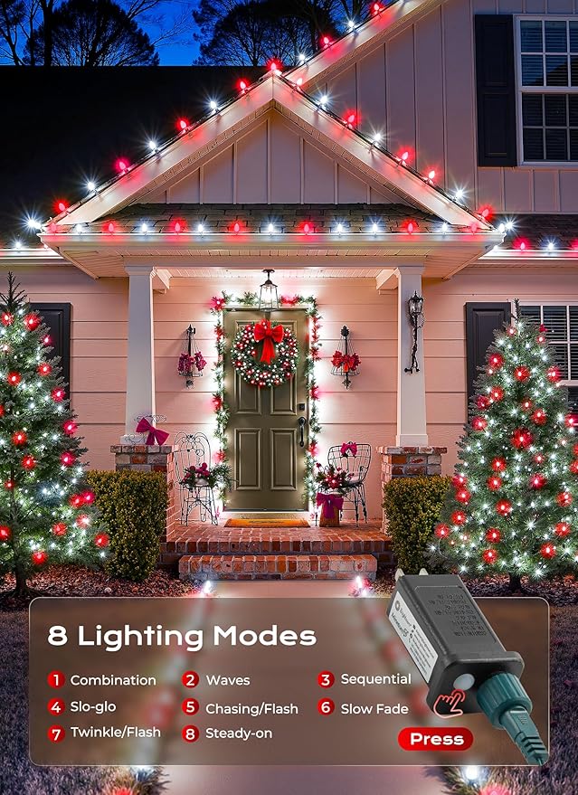 C9 Outdoor Christmas Lights, 72 FT 110 LED C9 String Lights, 8 Modes & Timer Extendable Waterproof for Christmas Tree Indoor Outdoor Roofline Patio Outside Garden Backyard Xmas Decor, Red White 2 Pack