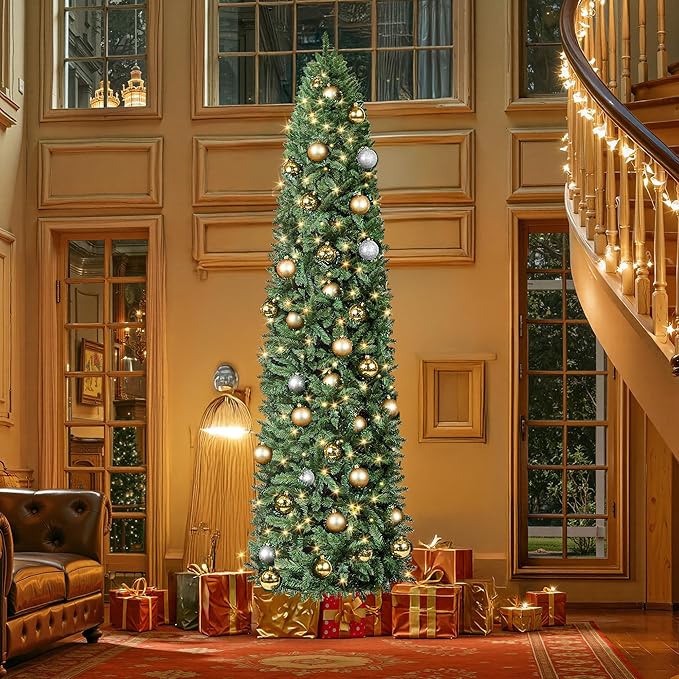 HOLLO STAR 9 ft Prelit Christmas Tree with 546 LED Lights, App Control, Artificial Pencil Christmas Tree with Multi-Color RGBW Lights, 1290 Branch Tips, Skinny Xmas Tree, Metal Base, for Home, Party