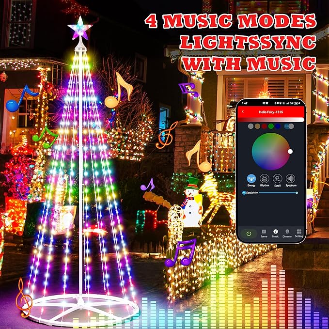 6FT Outdoor Christmas Tree Lights, Multicolor Prelit Smart Cone Christmas Tree with Star Topper, Music Sync, App & Remote Control, LED Light Show Tree for Indoor Outdoor