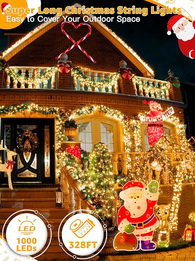 1000 LED 328 FT Christmas Lights, Waterproof Outdoor String With Remote and Timer, 8 Modes Dimmable, Fairy Lights for Holiday Decor (Warm White)