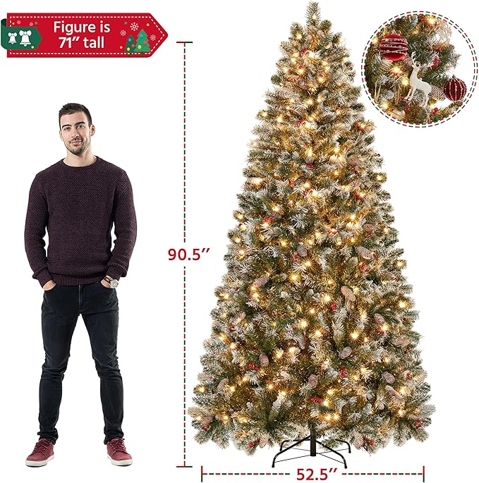 Yaheetech 7.5ft Pre-lit Frosted Artificial Hinged Christmas Tree with 1398 Flocked PVC Tips,88 Pine Cones,88 Holly Berries & 500 Warm White Lights,Foldable Stand,Green