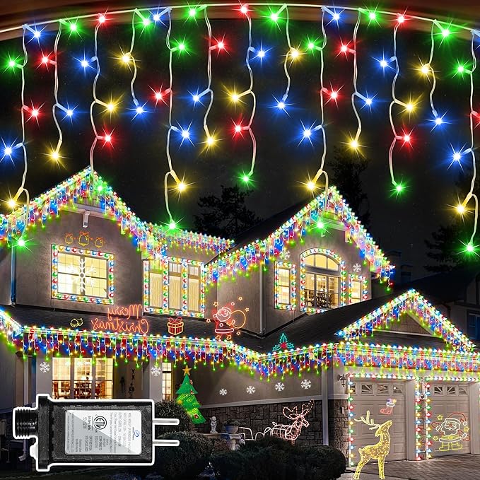 504 LED Christmas Lights Outdoor 50FT with 112 Drops, Christmas Decorations Hanging Lights 12 Modes, Dimmable Outsite Fairy String Lights for Wedding Party Holiday Winter Wonderland Decor Multicolor