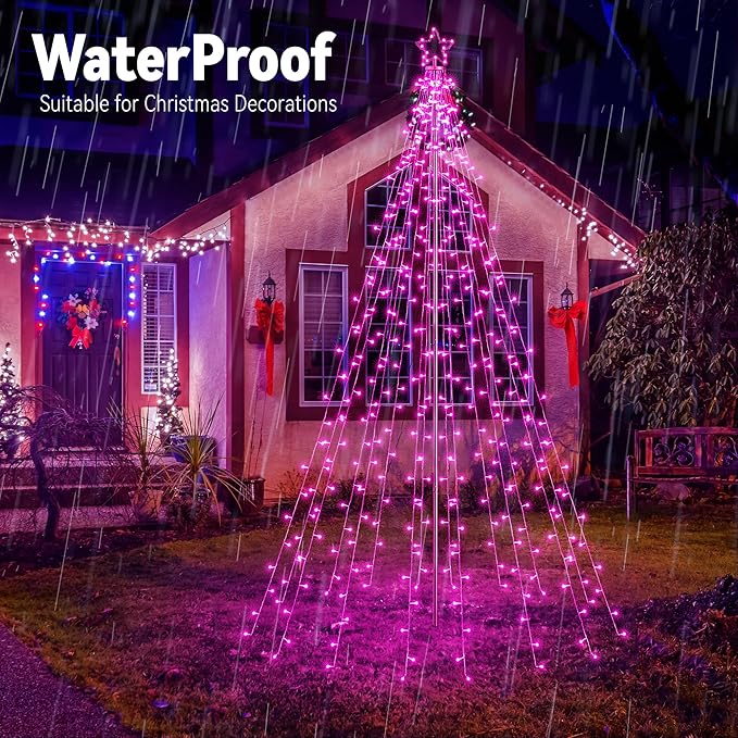 Lomotech Christmas Tree Lights - 10Ft 404 LED with 7.08" Topper, Remote Controll Waterproof Iron Pole Waterfall Lights for Outdoor Christmas Decorations (Pink)