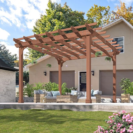 BlueWish 12'x12' Pergola with Solid Fir Wood Frame, Patio Wood Gazebo Backyard Gazebo Pergola Kits with Slatted Roof Trellis & Stakes for Deck Yard Grill Party Garden