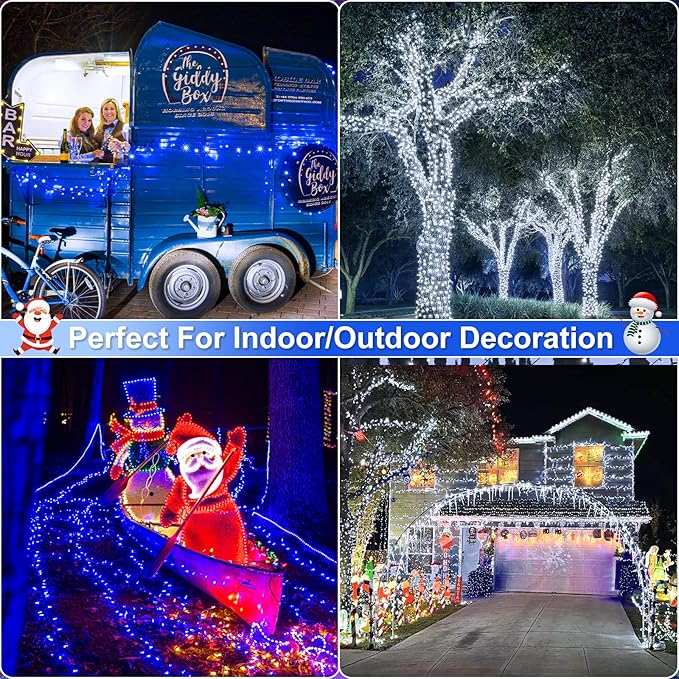 2 Pack Christmas Lights Outdoor, Total 200FT 600LED Christmas String Lights with 8 Modes Waterproof, Green Wire Twinkle Tree Lights for Indoor Patio Xmas Decor, 1 Pack Blue & 1 Pack White