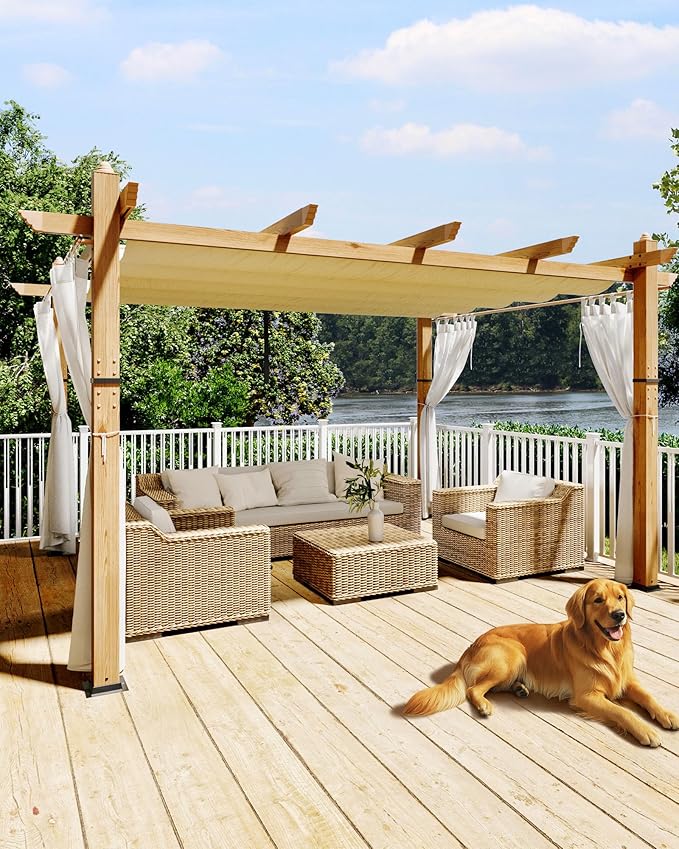 Garvee 10x13 Ft Outdoor Pergola with Retractable Canopy Aluminum Gazebo Imitation Wood-Grain Post with Side Mesh Screen Modern Pavilion for Backyard Deck(Beige+White)
