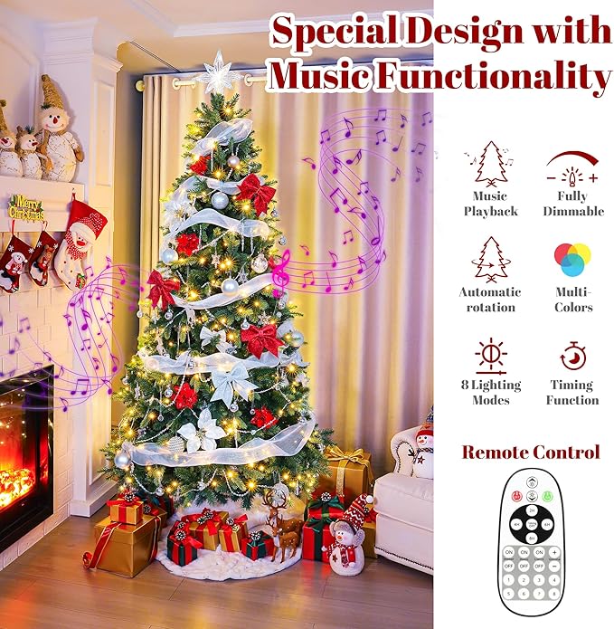Thalassophile 6.5ft Pre-Lit Full Christmas Tree with Rotating Stand, Prelit Rotating Artificial Hinged Realistic Xmas Tree with Remote, 340 Lights Warm White & Multi Color, 1036 Branch Tips, Green