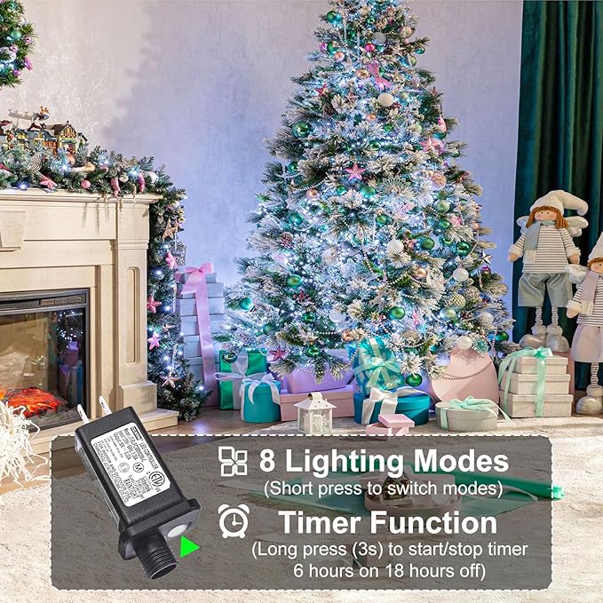 328FT 1000 LED Christmas Lights, Plug in White Christmas Tree Lights Outdoor with Timer and 8 Modes, Green Wire Waterproof String Lights for Indoor Yard Patio Xmas Holiday Decorations