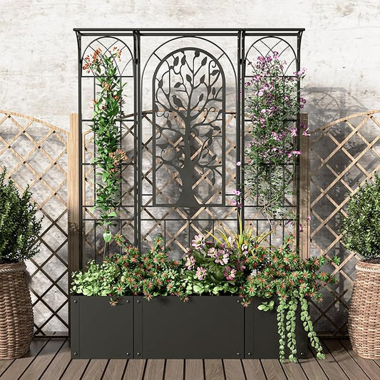Metal Planter Box with Trellis, Raised Garden Bed with Trellis Privacy Screen, 62 inch Tall Planter Boxes for Climbing Plants, Flowers, Vegetables, Fruits, Balcony and Patio Decor (Black)