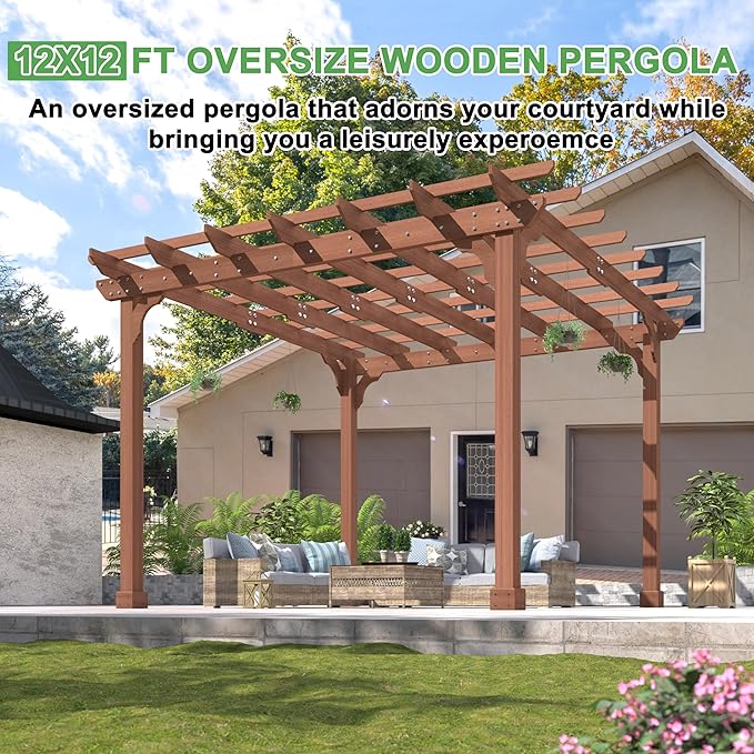 BlueWish 12'x12' Pergola with Solid Fir Wood Frame, Patio Wood Gazebo Backyard Gazebo Pergola Kits with Slatted Roof Trellis & Stakes for Deck Yard Grill Party Garden