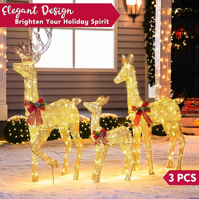 Joiedomi 3 Packs Christmas Decoration Deer Family, 360 LED Lighted Rattan Reindeers Yard Lights, Christmas Outdoor Decorations for Yard Garden Lawn, Xmas Decor, Golden Reindeer