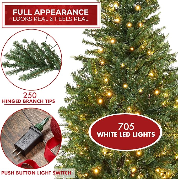 Casafield 6.5FT Pre-Lit Realistic Pencil Alpine Fir Artificial Holiday Christmas Tree with LED Lights and Metal Stand