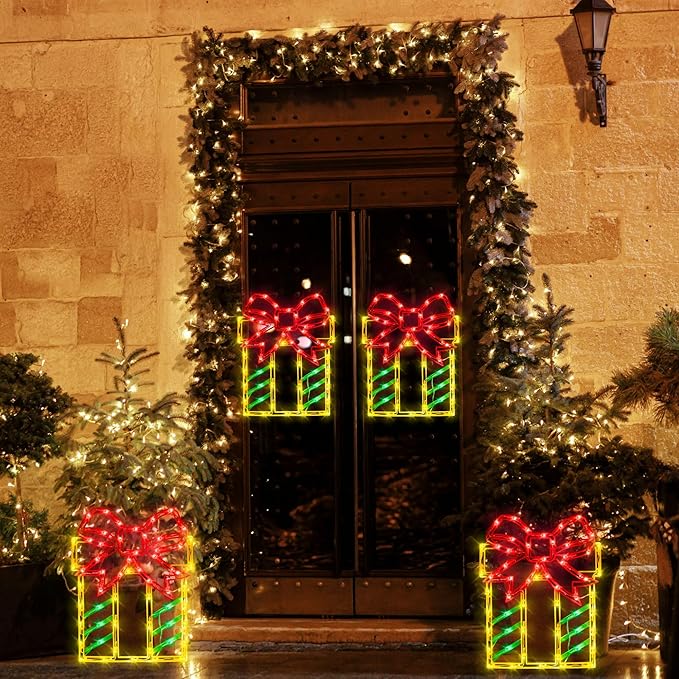 16" Christmas Window Silhouette Lights Decorations - 4 Pack Christmas Lighted Gift Boxes- Used for Holiday Christmas Trees, Wall, Fireplaces, Interior and Exterior Door and Window Decorations