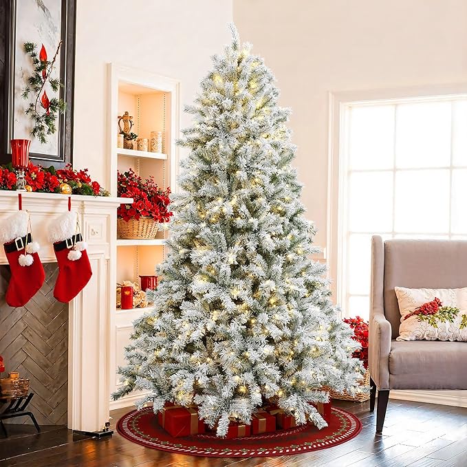 LuxenHome 7.5FT Christmas Tree with Lights, Flocked Artificial Christmas Tree with 8 Lighting Functions, 1516 PVC Tips, 700 Warm White Lights, Prelit Xmas Trees for Indoor and Outdoor Holiday Decor