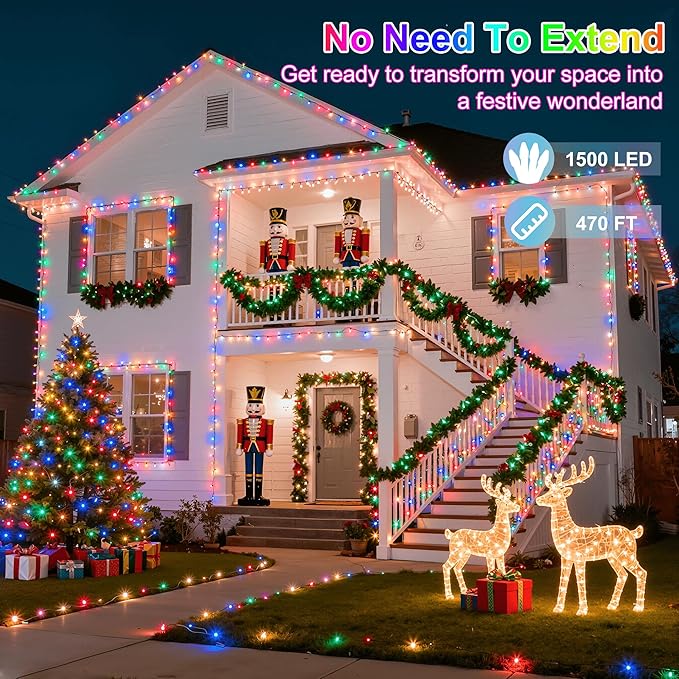 1500LED Christmas Lights Outdoor Use, 470ft 12 Modes Multicolor LED String Lights with Timer Dimmable, Waterproof Christmas Tree Lights for Halloween Xmas Patio Balcony Garden Decor Multicolor