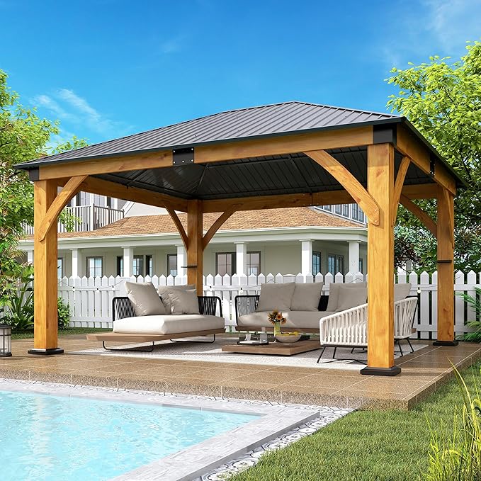 13'x15' Wood Gazebo, Spruce Wood Hardtop Gazebo with 2 Storage Shelves, Galvanized Steel Roof Outdoor Wooden Pavilion for Deck, Garden, Backyard