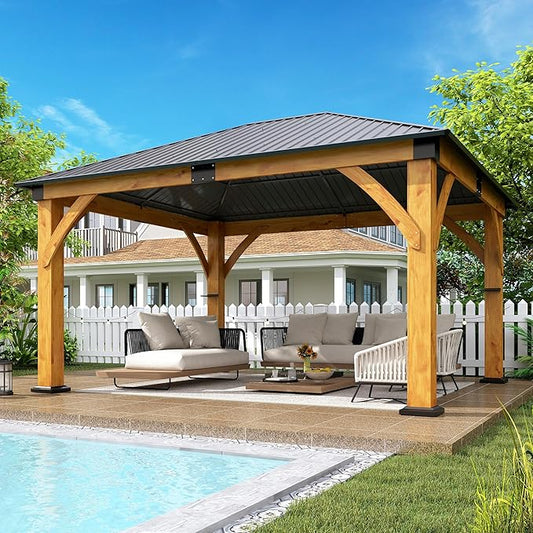 13'x15' Wood Gazebo, Spruce Wood Hardtop Gazebo with 2 Storage Shelves, Galvanized Steel Roof Outdoor Wooden Pavilion for Deck, Garden, Backyard