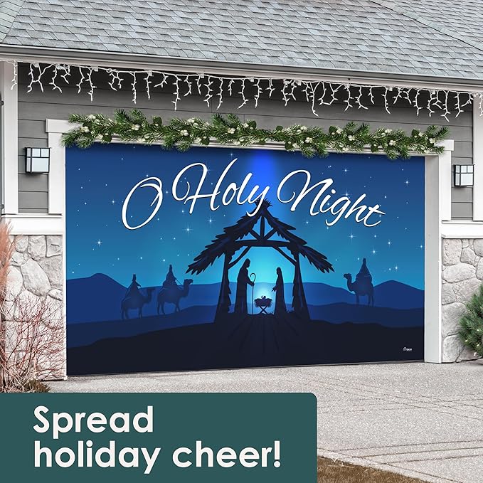 7' x 16' Peaceful O Holy Night Nativity Garage Door Banner - Designed to Move with Door | Sacred Christmas Double Garage Door Decoration