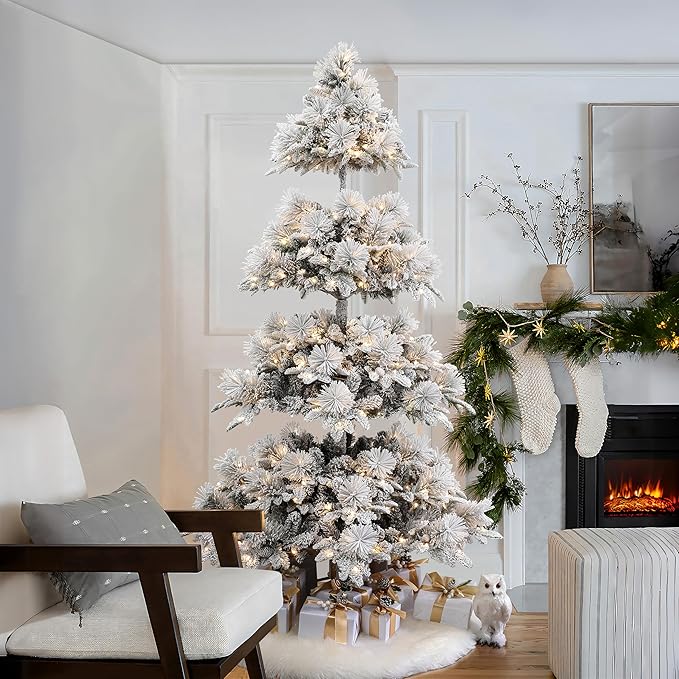 LuxenHome 7.5FT Flocked Artificial Christmas Tree, Slender Prelit Christmas Trees with 400 Warm White LED Lights, 1508 PE+PVC Tips, Xmas Tree Holiday Decor