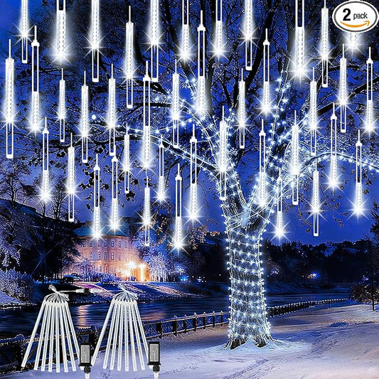 2-Pack Christmas Lights Outdoor, 16Tubes 384LEDs Extendable Meteor Shower Lights, Falling Rain Light Waterproof Plug in Tree Light for Christmas Backyard Garden Patio Xmas Decoration (Cool White)