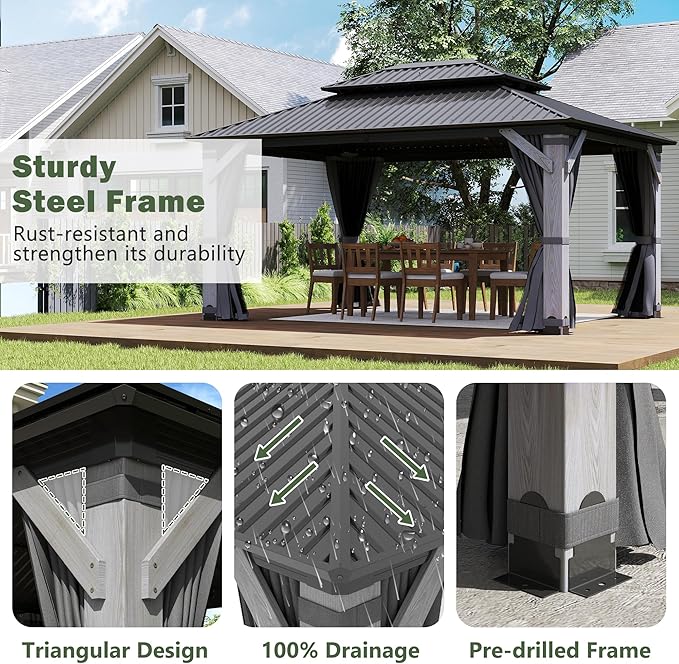 12x16FT Hardtop Wood Gazebo, Outdoor Gazebo with Cedar Wooden Pillar & Double Metal Roof - Weather-Resistant Gazebos Pavilion for Patio, Garden, Backyard (w/Netting & Gray Curtains)