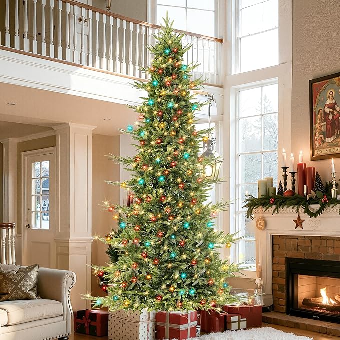 HOLLO STAR 9 ft Prelit Pencil Christmas Tree with 600 LED Lights, App Control, Aspen Artificial Christmas Tree, Multi-Color RGBW Lights, 2519 PE & PVC Branch Tips, Skinny Xmas Tree, for Home, Party