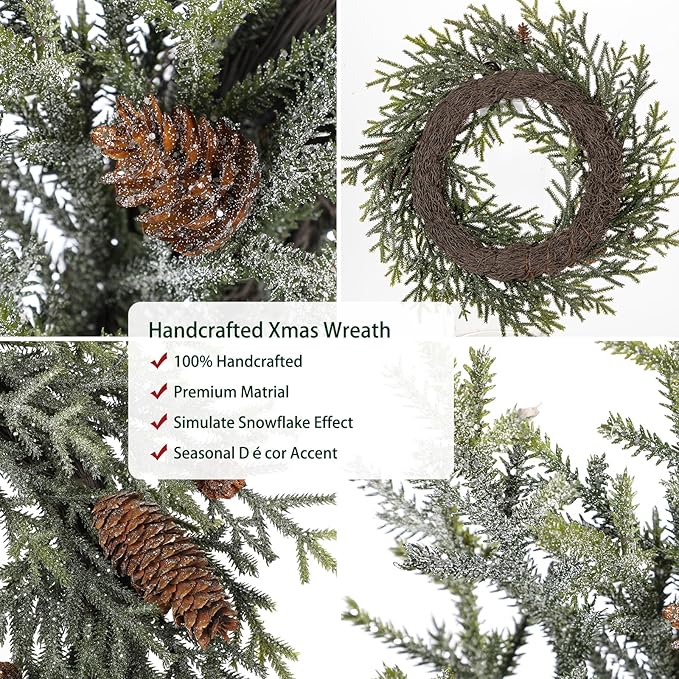 18 inch Christmas Wreath, Small Christmas Wreath for Front Door Christmas Door Wreaths Norfolk Pine Wreath with Frosted Pine Cones Cedar Aritificial Wreath for Christmas Indoor Outdoor Decorations