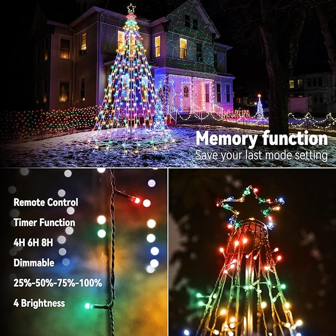 Lomotech Christmas Tree Lights - 10Ft 404 LED with 7.08" Topper, Remote Controll Waterproof Iron Pole Waterfall Lights for Outdoor Christmas Decorations (Multicolor)