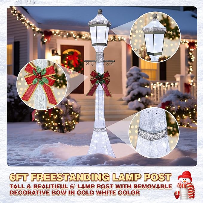 6FT Lighted Freestanding Lamp Post for Christmas Decoration, Pre-Lit Iridescent Post Lamp with 120 LED Lights & Removable Bow, Outdoor 3D Glittered Standing Festival Display, White