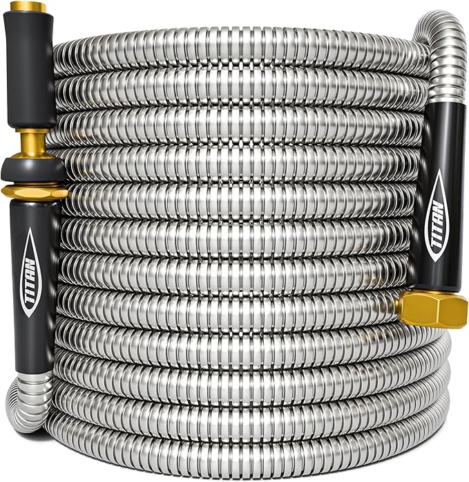 TITAN Garden Hose 50FT - 304 Stainless Steel Metal Water Hose, Flexible, Kink-Free, Lightweight, Durable, Crush Resistant Fittings, Easy to Coil, 500 PSI